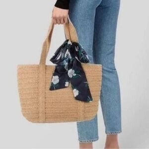DRAPER JAMES Wicker Straw Tote Bag with Navy Floral Bow Scarf NWT
